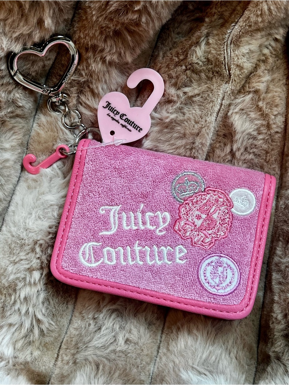 Juicy Couture Y2K Pink Terrycloth Card Holder Wallet Keychain